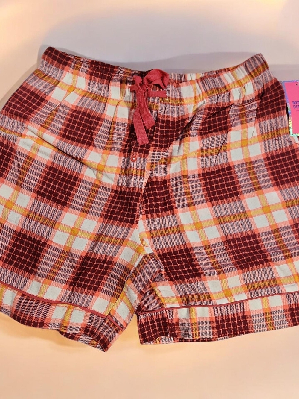 Plaid Drawstring Women's Boxer Shorts in Burgundy